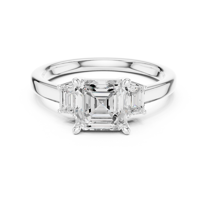 Modern Asscher Cut Diamond Ring | Emerald Side Stones Minimal Band