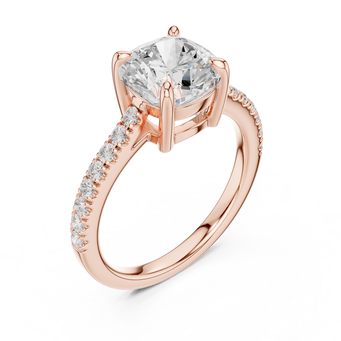 Cushion Cut Solitaire Diamond Ring | Pave Band Minimalist Engagement Ring