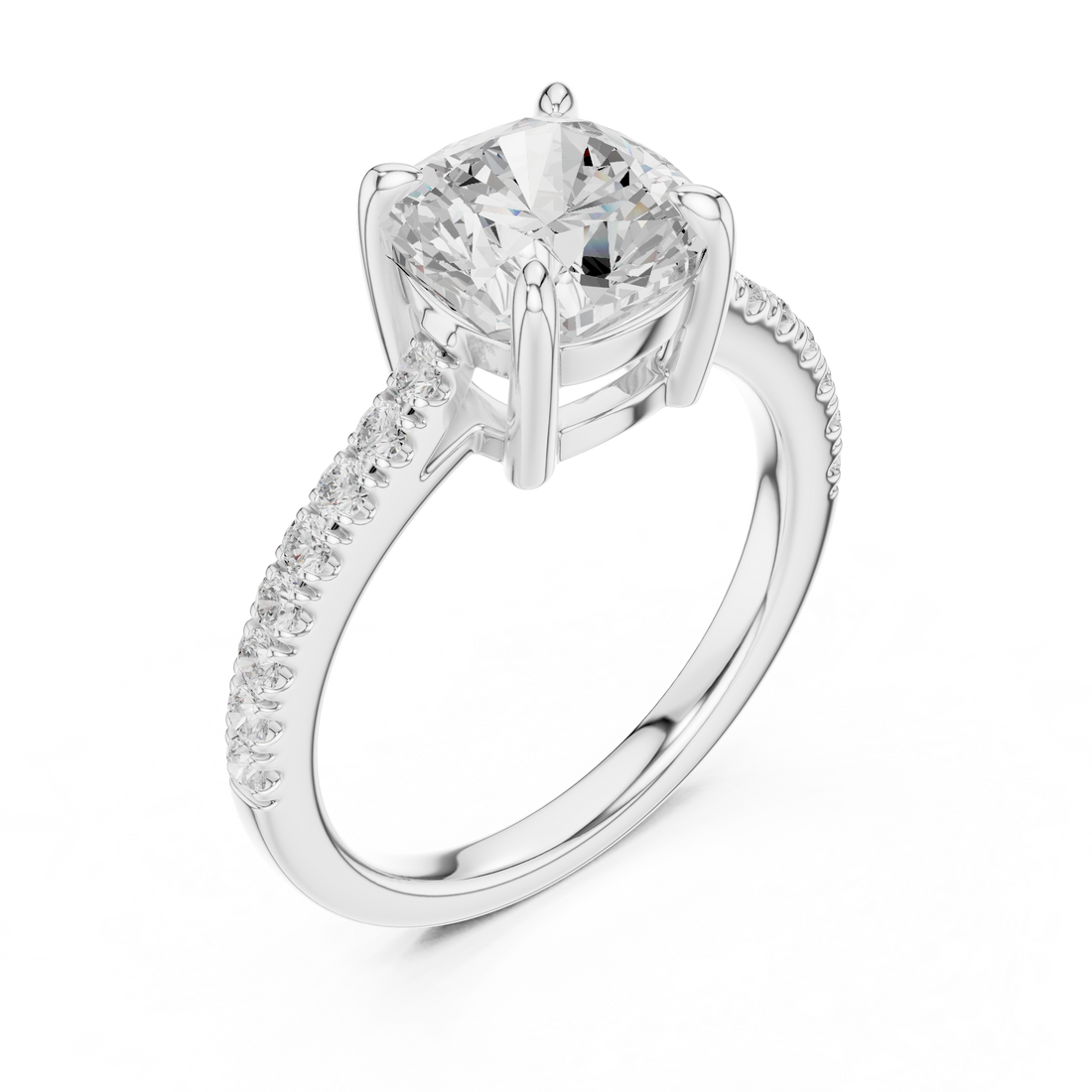 Cushion Cut Solitaire Diamond Ring | Pave Band Minimalist Engagement Ring