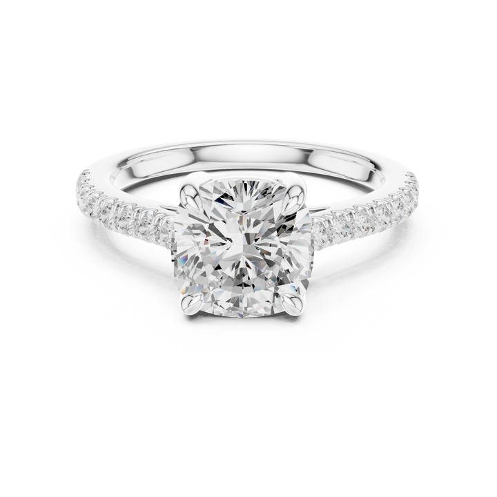 Cushion Cut Solitaire Diamond Ring | Pave Band Minimalist Engagement Ring