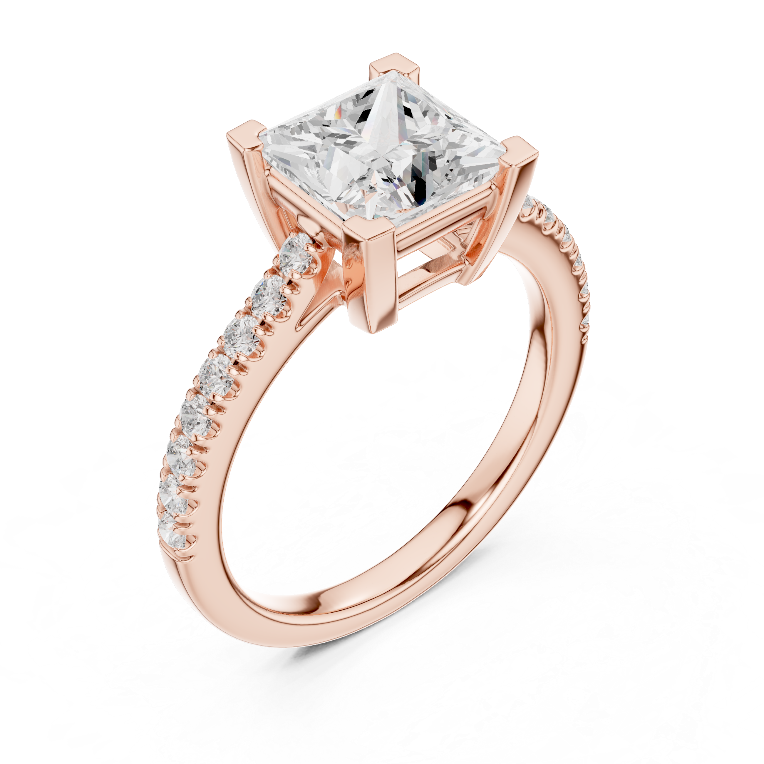 Stunning Princess Diamond Engagement Ring with Pavé Set Band | Sleek and Sophisticated Rose Gold Design