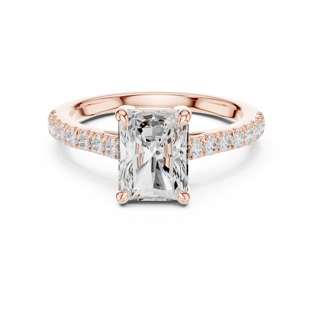 Elegant Radiant Cut Diamond Engagement Ring with Pavé Band in Rose Gold – Timeless Solitaire Statement Ring