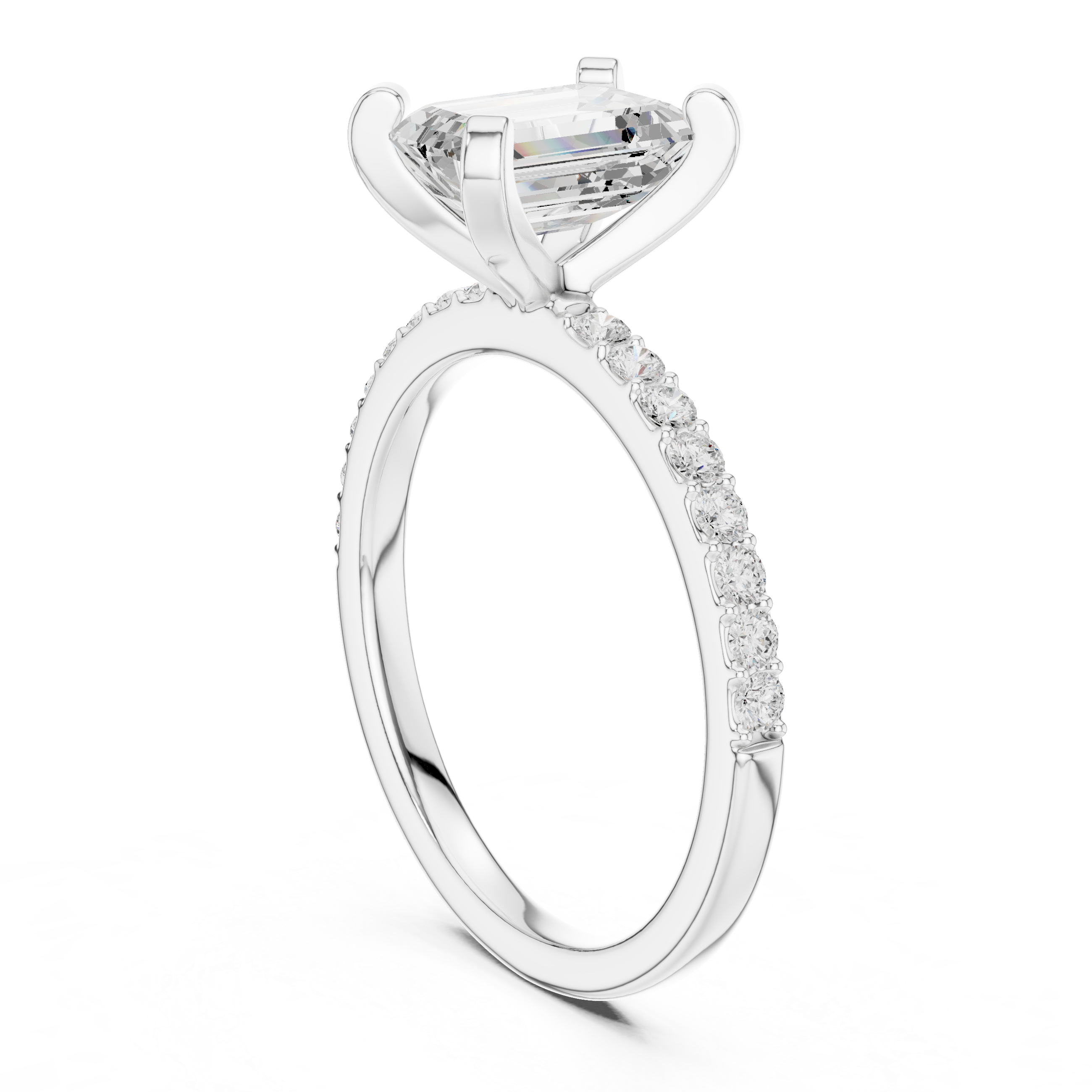 Premium Emerald Cut Solitaire Ring with Sparkling Accent Band – Elegant Bridal Jewelry in White Gold