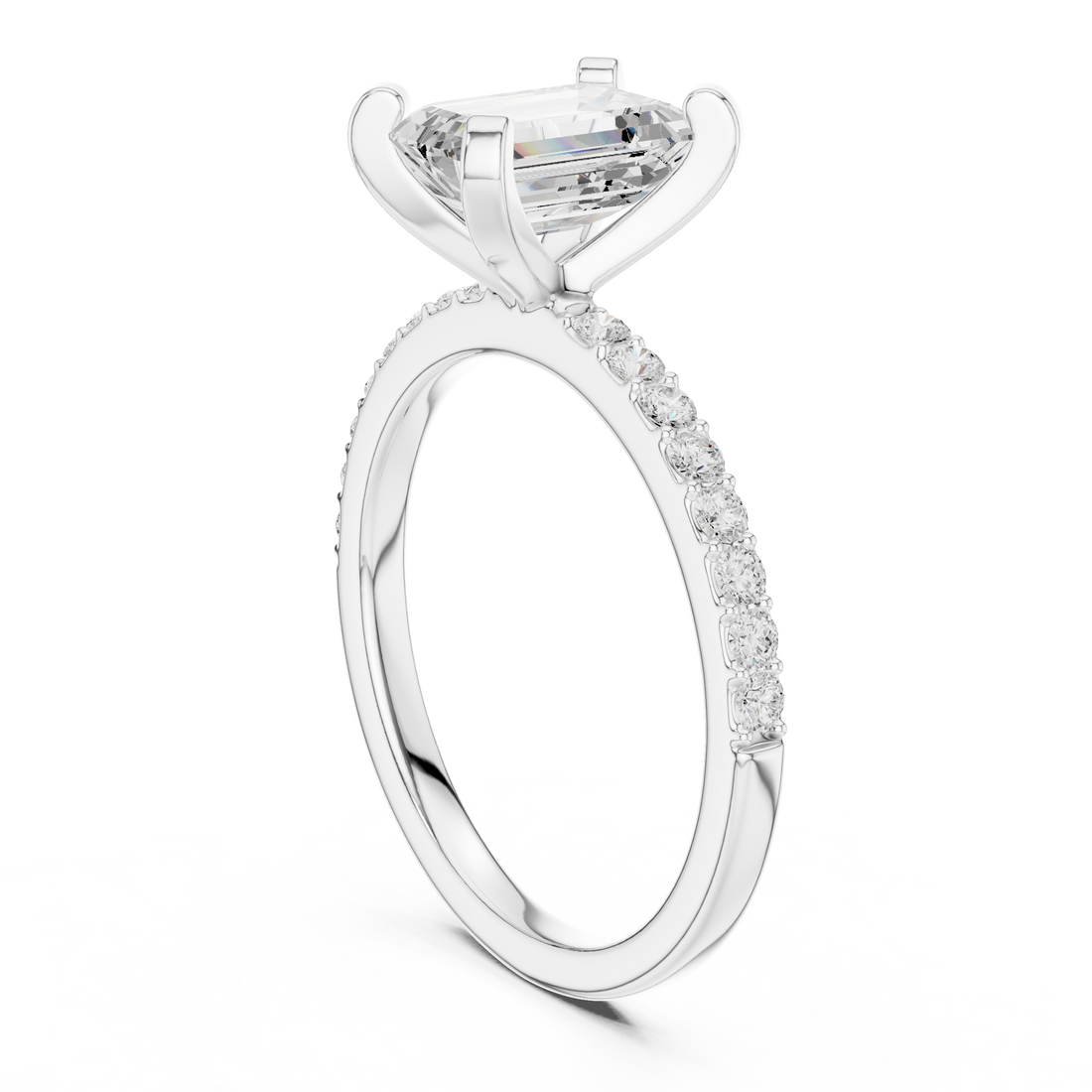 Premium Emerald Cut Solitaire Ring with Sparkling Accent Band – Elegant Bridal Jewelry in White Gold