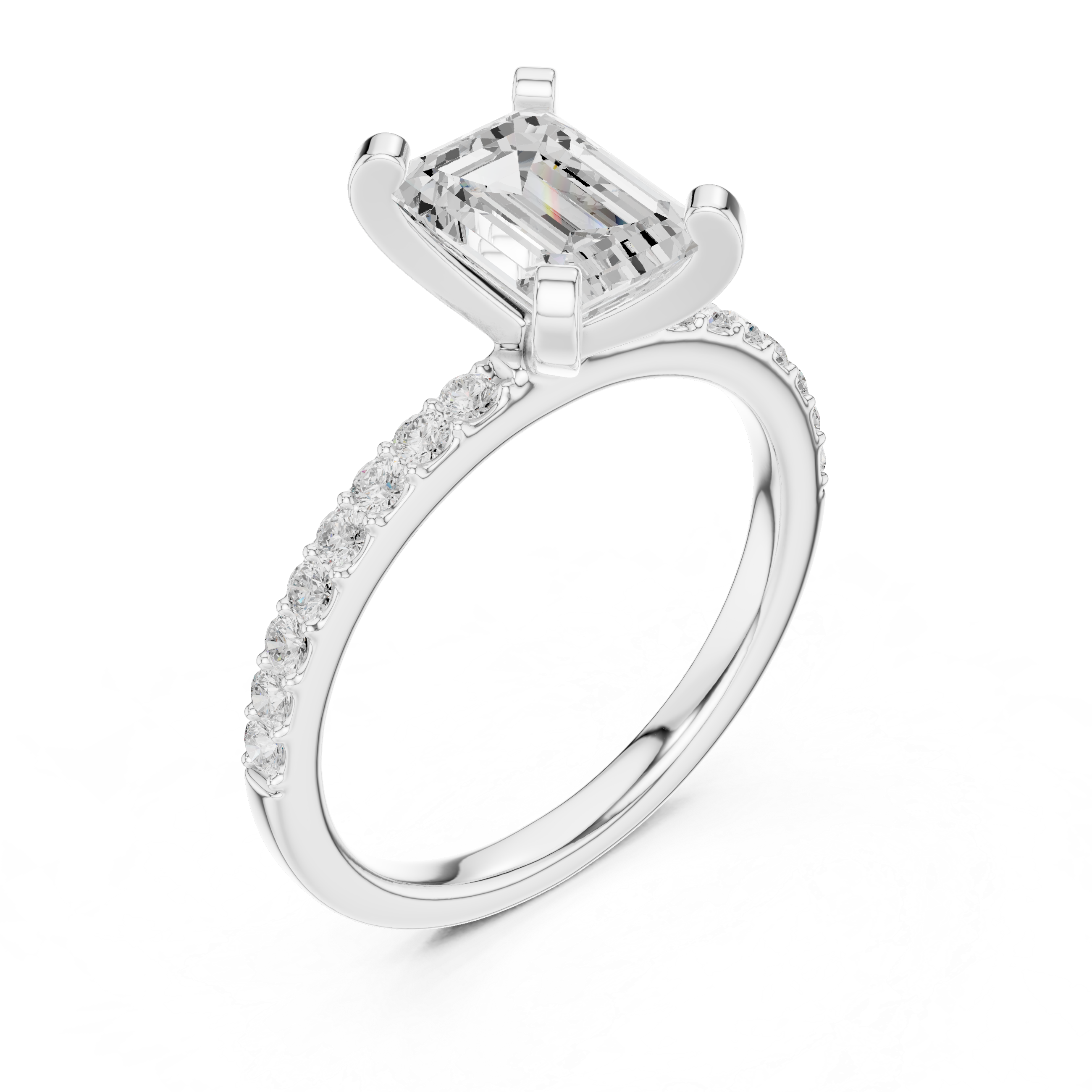 Premium Emerald Cut Solitaire Ring with Sparkling Accent Band – Elegant Bridal Jewelry in White Gold