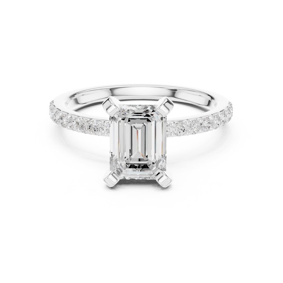 Premium Emerald Cut Solitaire Ring with Sparkling Accent Band – Elegant Bridal Jewelry in White Gold