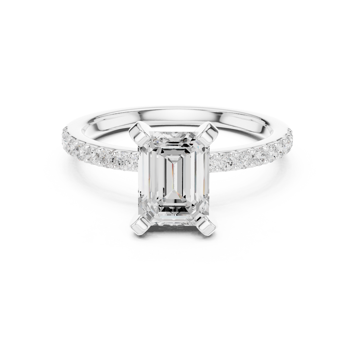Premium Emerald Cut Solitaire Ring with Sparkling Accent Band – Elegant Bridal Jewelry in White Gold