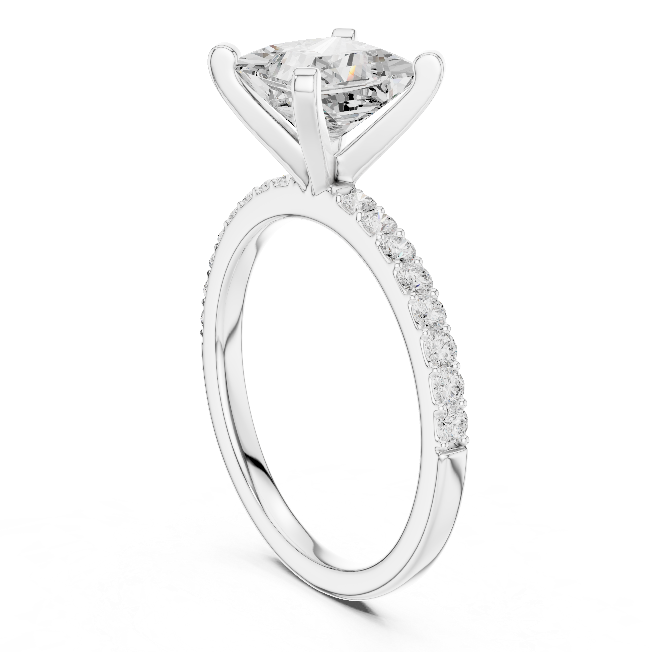 Elegant Princess Cut Diamond Solitaire Ring with Half Pavé Accent Band