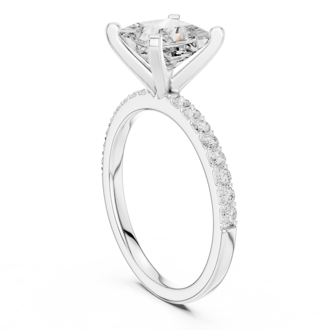 Elegant Princess Cut Diamond Solitaire Ring with Half Pavé Accent Band