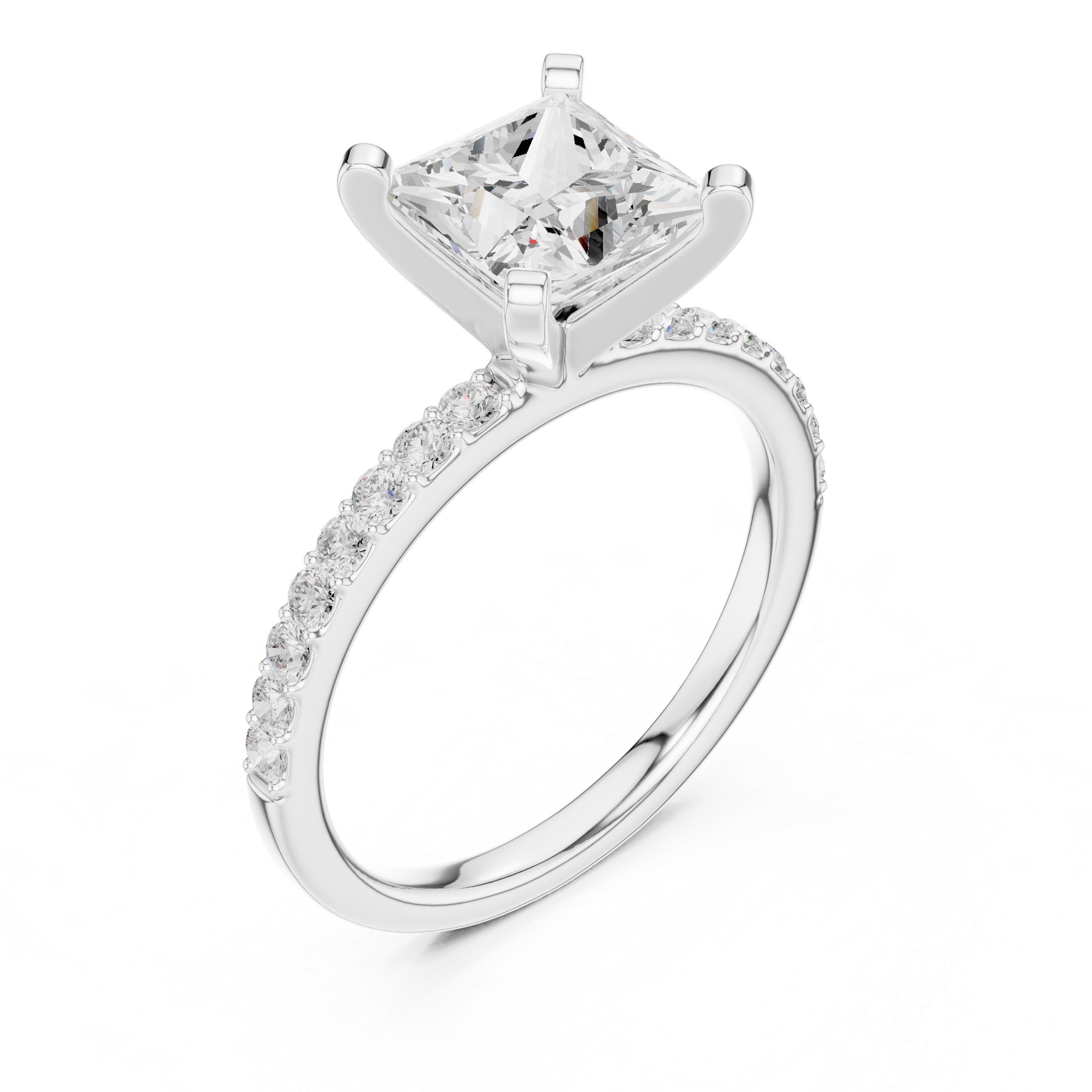 Elegant Princess Cut Diamond Solitaire Ring with Half Pavé Accent Band