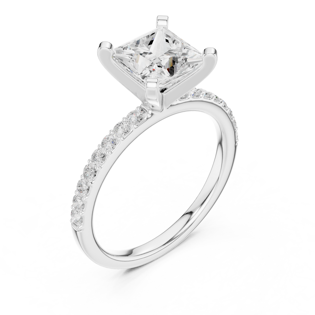 Elegant Princess Cut Diamond Solitaire Ring with Half Pavé Accent Band