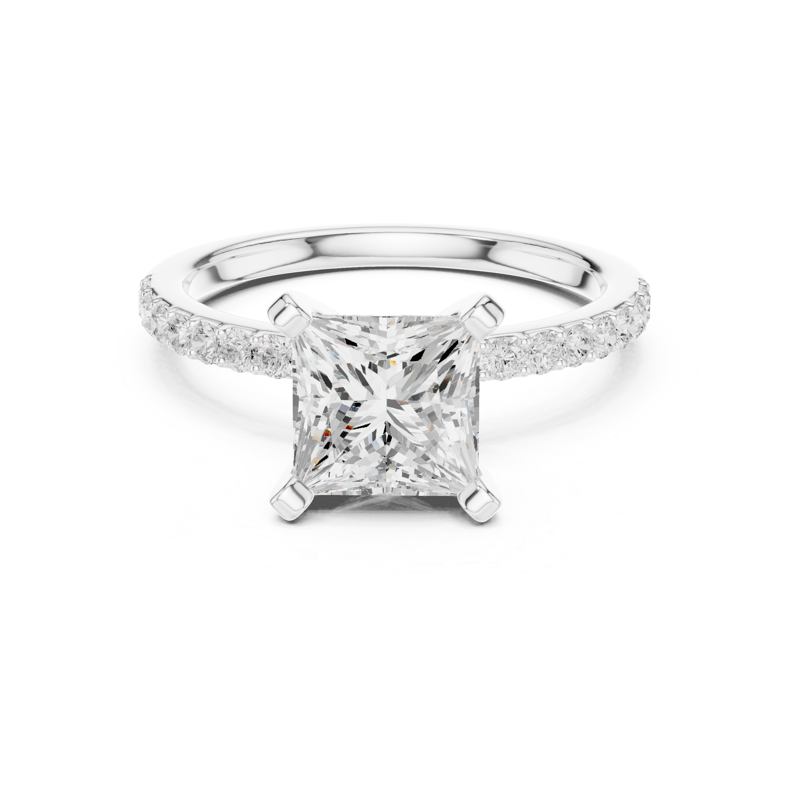 Elegant Princess Cut Diamond Solitaire Ring with Half Pavé Accent Band