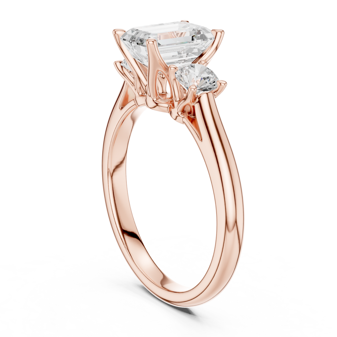 Premium Three Stone Diamond Ring with Emerald Cut Center and Brilliant Round Sides – Elegant Rose Gold Ring