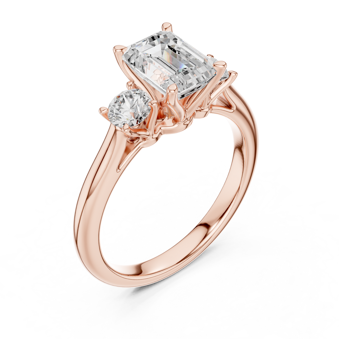 Premium Three Stone Diamond Ring with Emerald Cut Center and Brilliant Round Sides – Elegant Rose Gold Ring