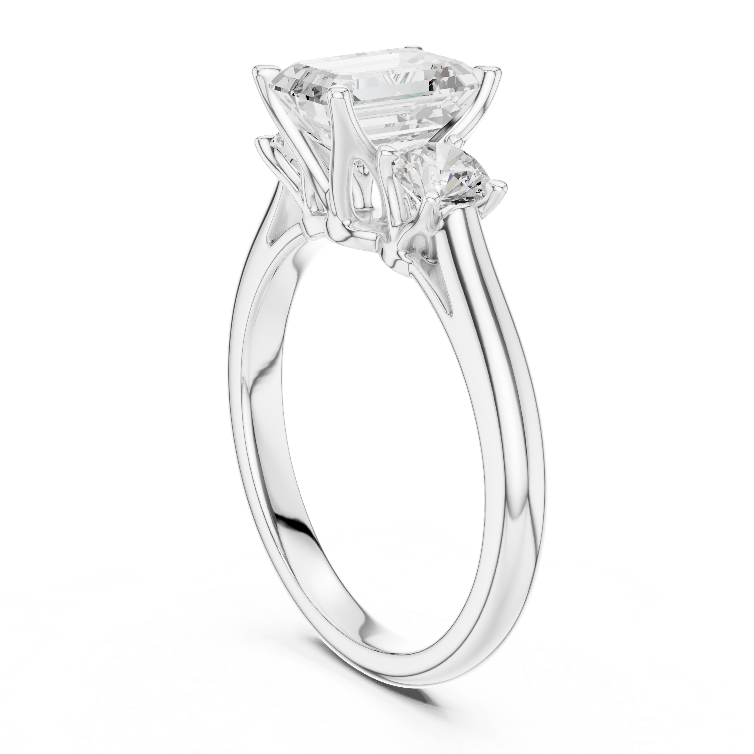 Premium Three Stone Diamond Ring with Emerald Cut Center and Brilliant Round Sides – Elegant Rose Gold Ring
