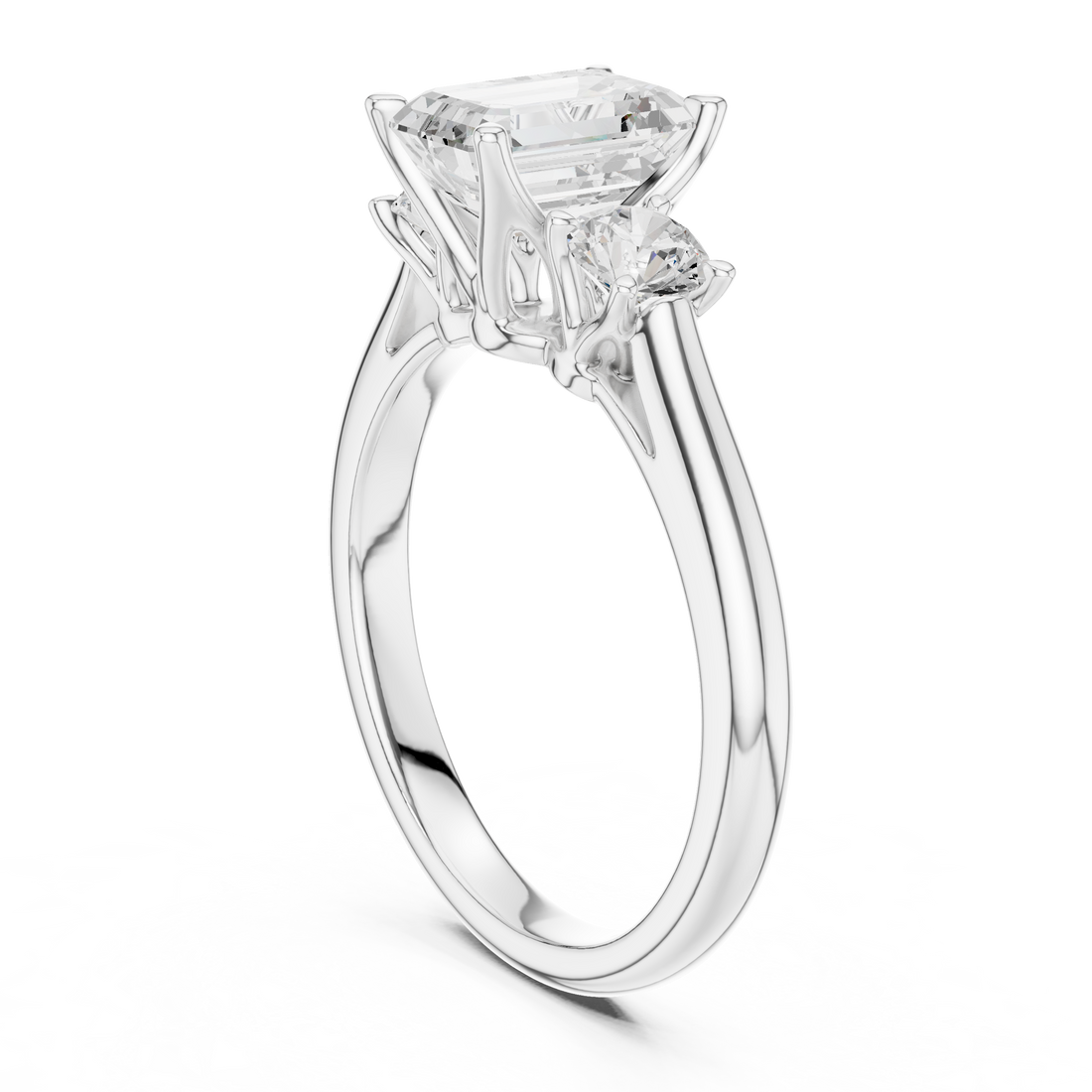 Premium Three Stone Diamond Ring with Emerald Cut Center and Brilliant Round Sides – Elegant Rose Gold Ring