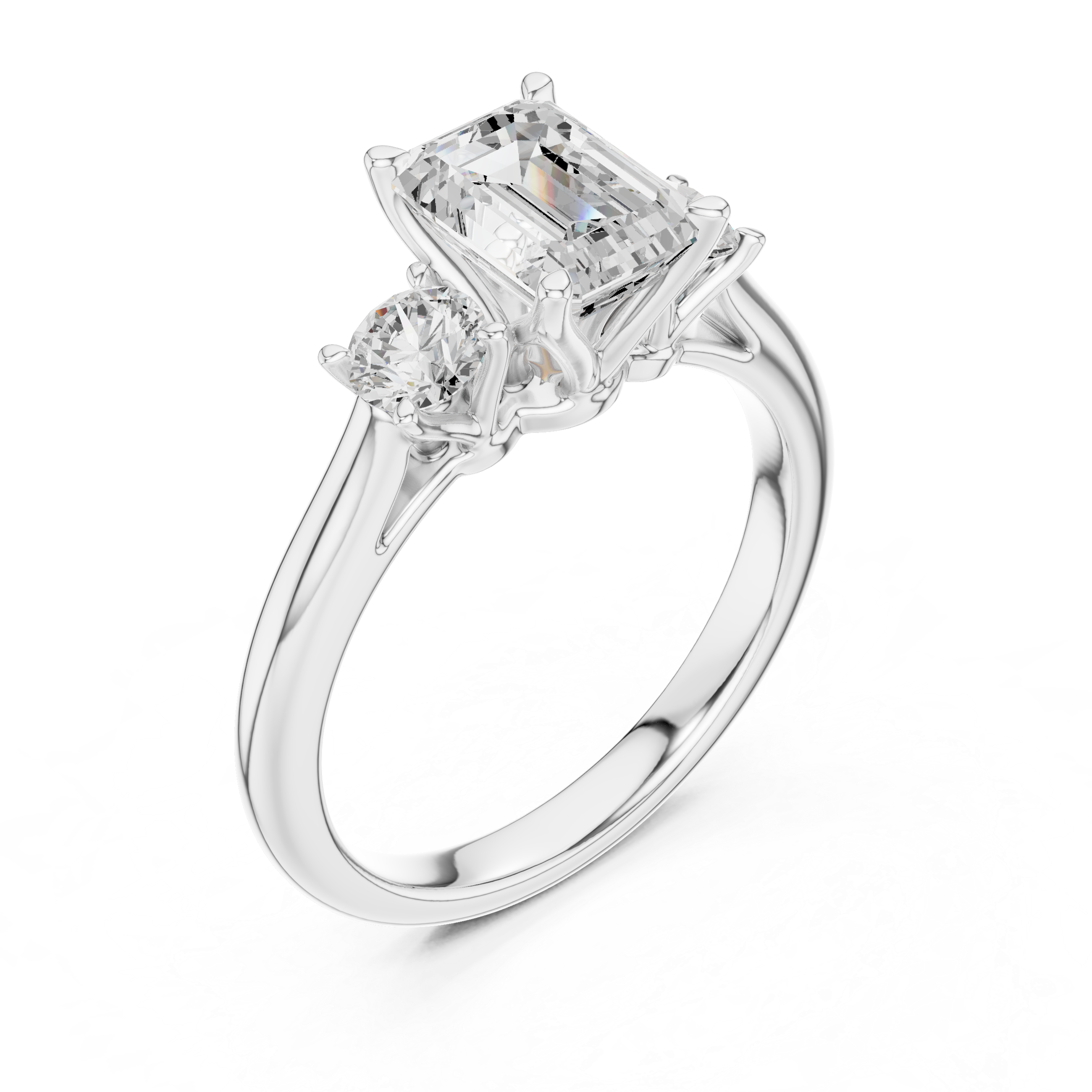 Premium Three Stone Diamond Ring with Emerald Cut Center and Brilliant Round Sides – Elegant Rose Gold Ring