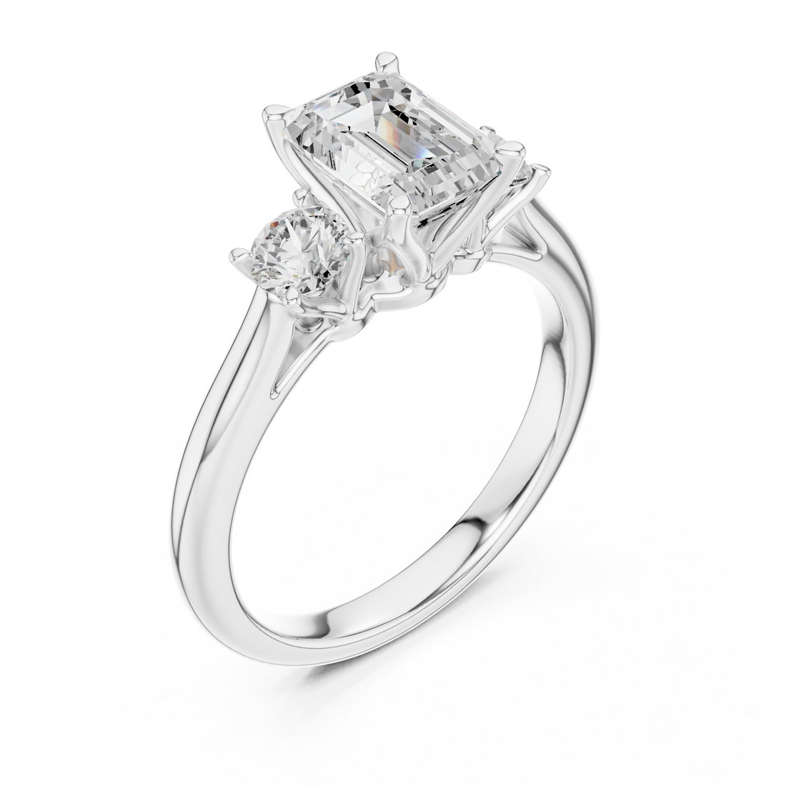 Premium Three Stone Diamond Ring with Emerald Cut Center and Brilliant Round Sides – Elegant Rose Gold Ring
