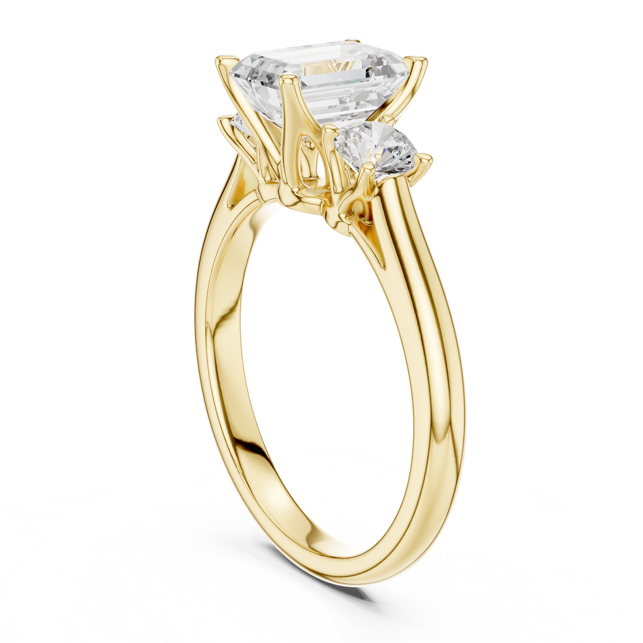 Premium Three Stone Diamond Ring with Emerald Cut Center and Brilliant Round Sides – Elegant Rose Gold Ring