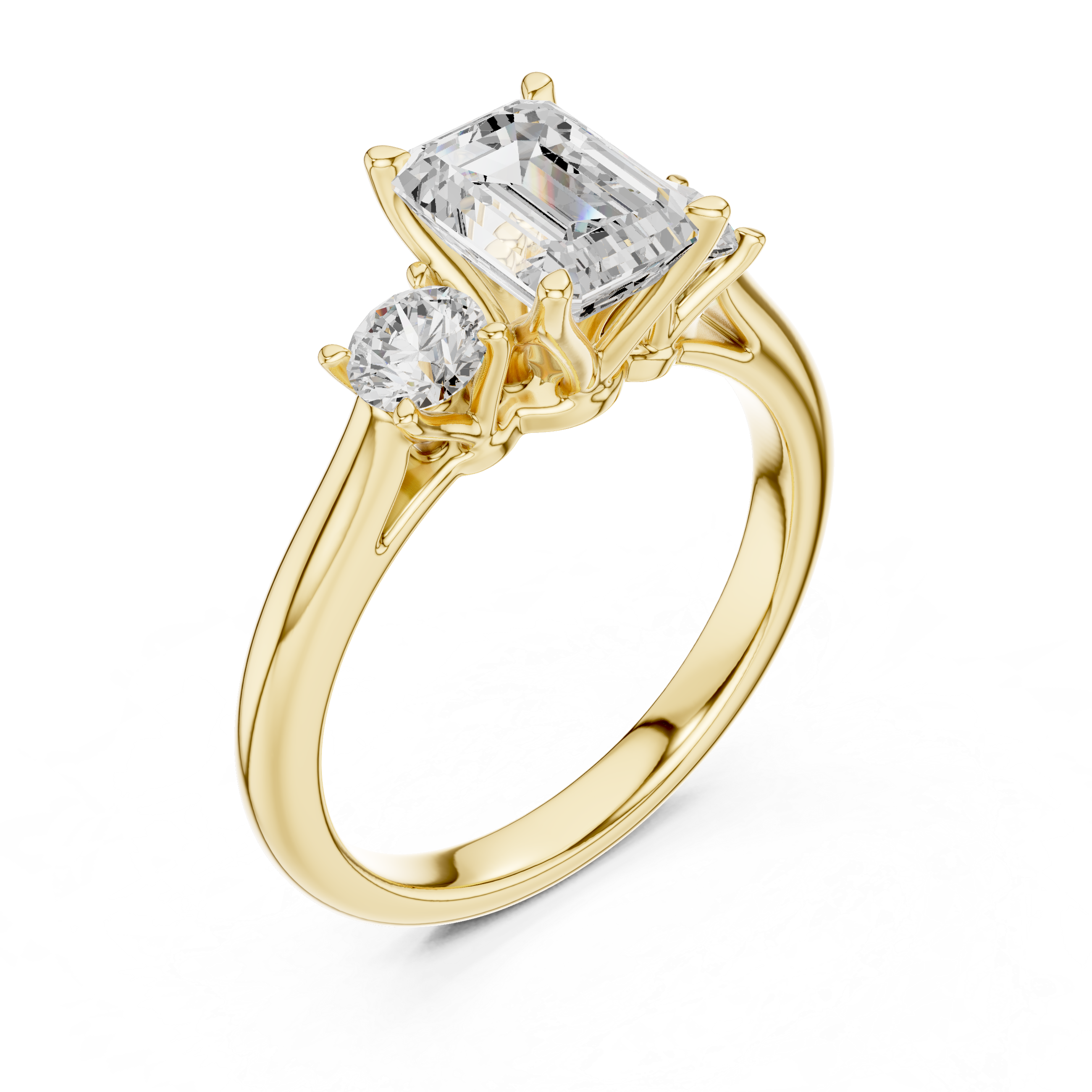 Premium Three Stone Diamond Ring with Emerald Cut Center and Brilliant Round Sides – Elegant Rose Gold Ring