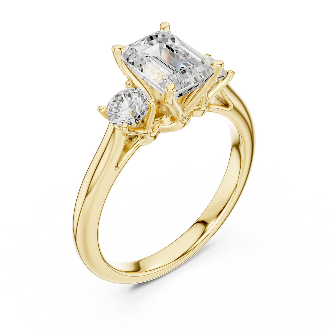 Premium Three Stone Diamond Ring with Emerald Cut Center and Brilliant Round Sides – Elegant Rose Gold Ring