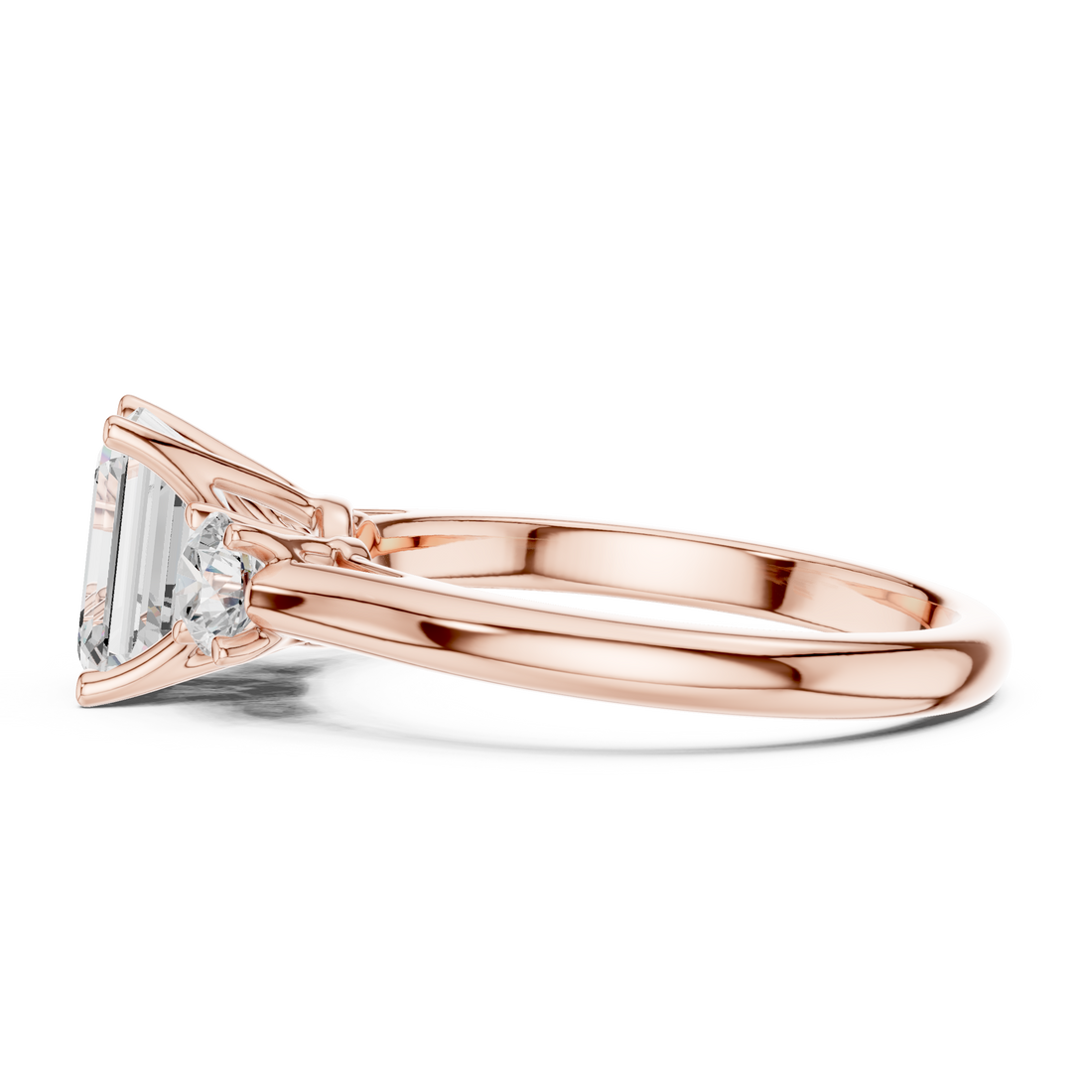 Premium Three Stone Diamond Ring with Emerald Cut Center and Brilliant Round Sides – Elegant Rose Gold Ring