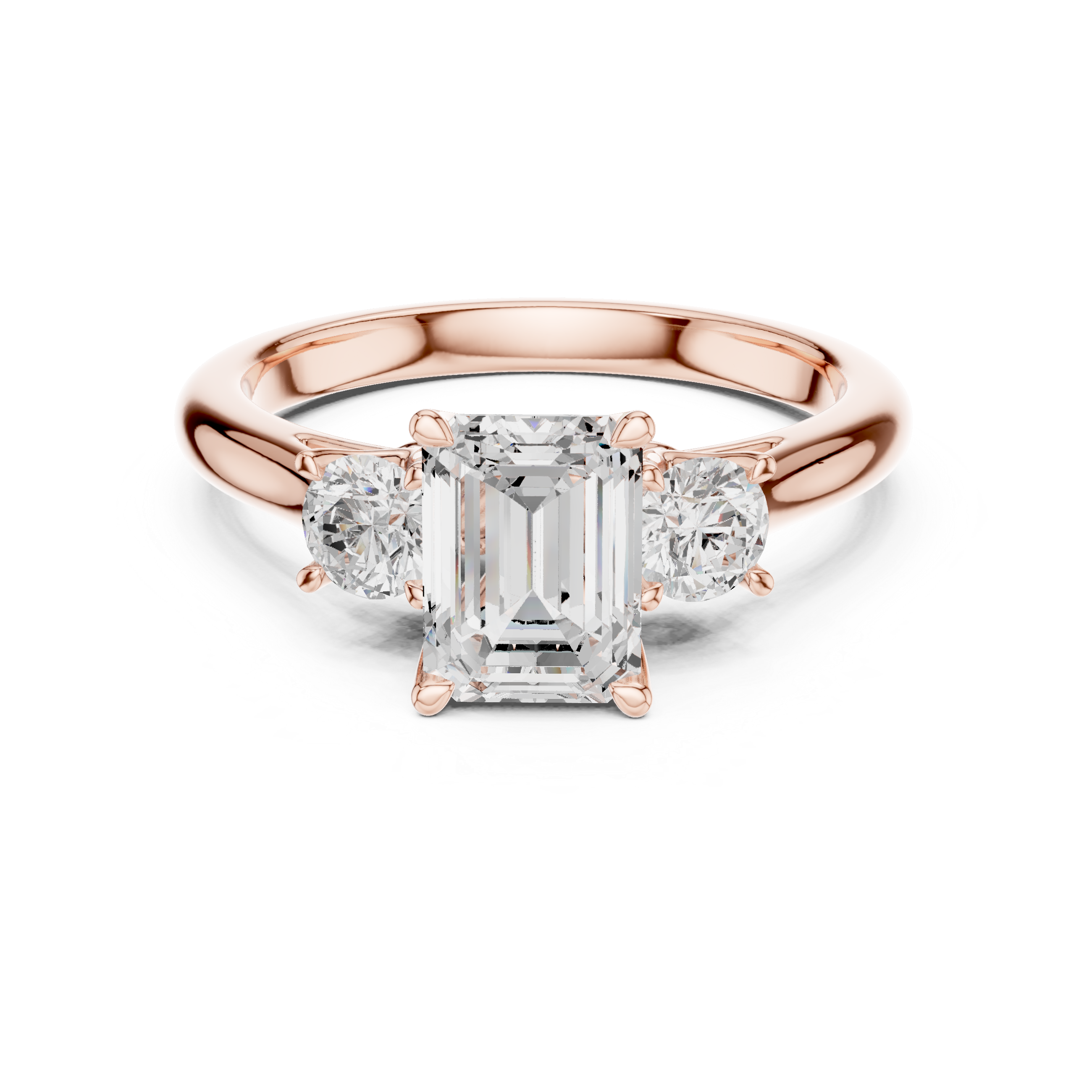 Premium Three Stone Diamond Ring with Emerald Cut Center and Brilliant Round Sides – Elegant Rose Gold Ring