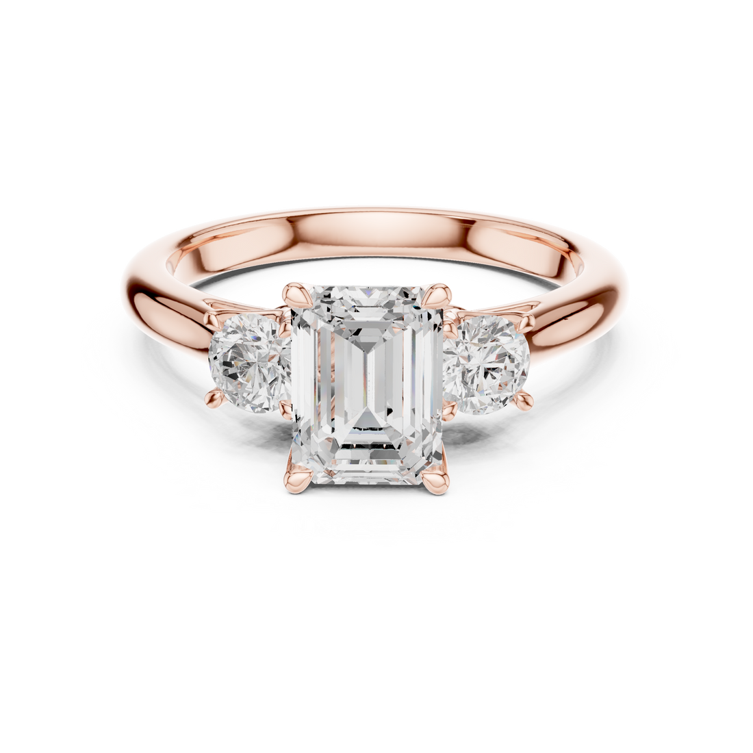 Premium Three Stone Diamond Ring with Emerald Cut Center and Brilliant Round Sides – Elegant Rose Gold Ring