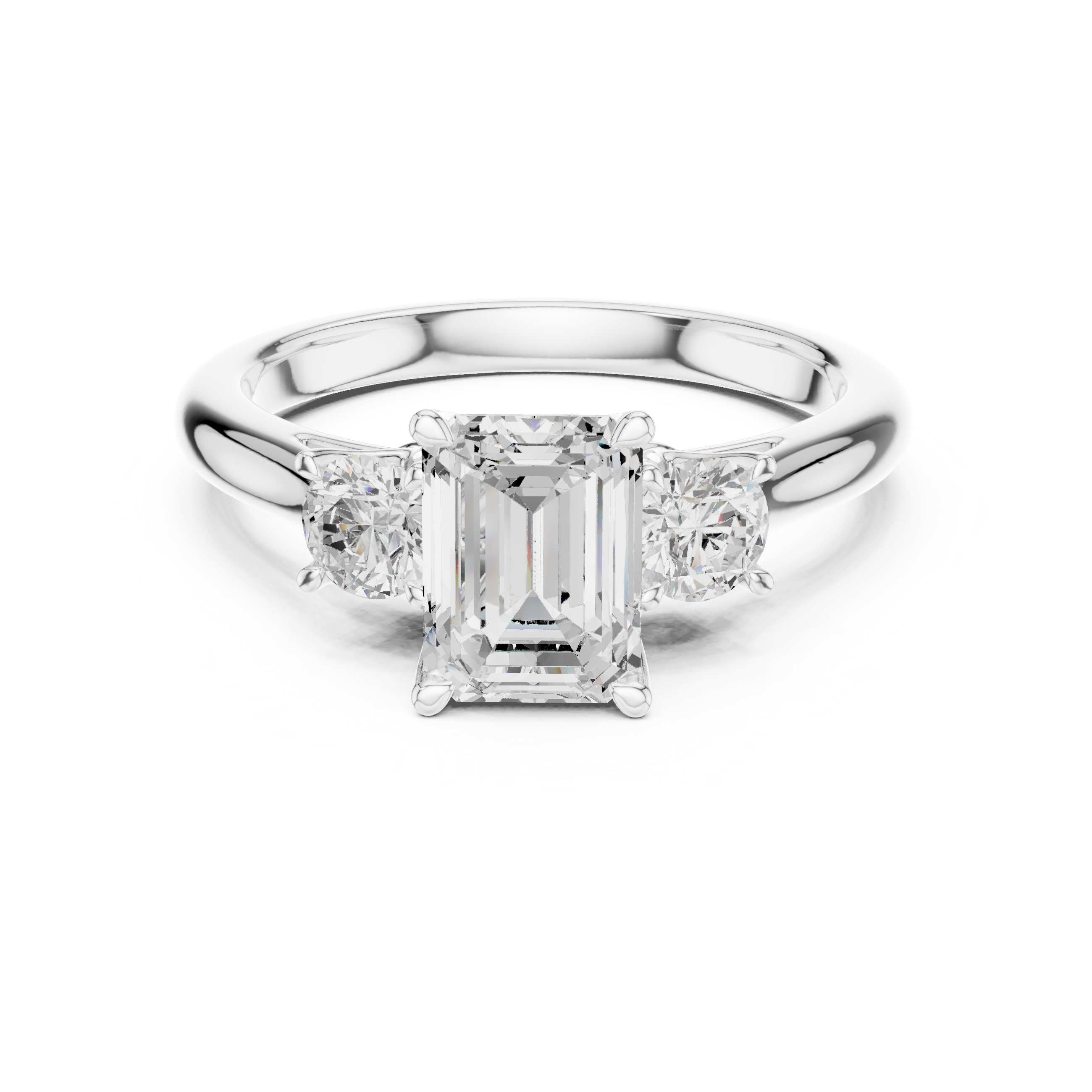 Premium Three Stone Diamond Ring with Emerald Cut Center and Brilliant Round Sides – Elegant Rose Gold Ring