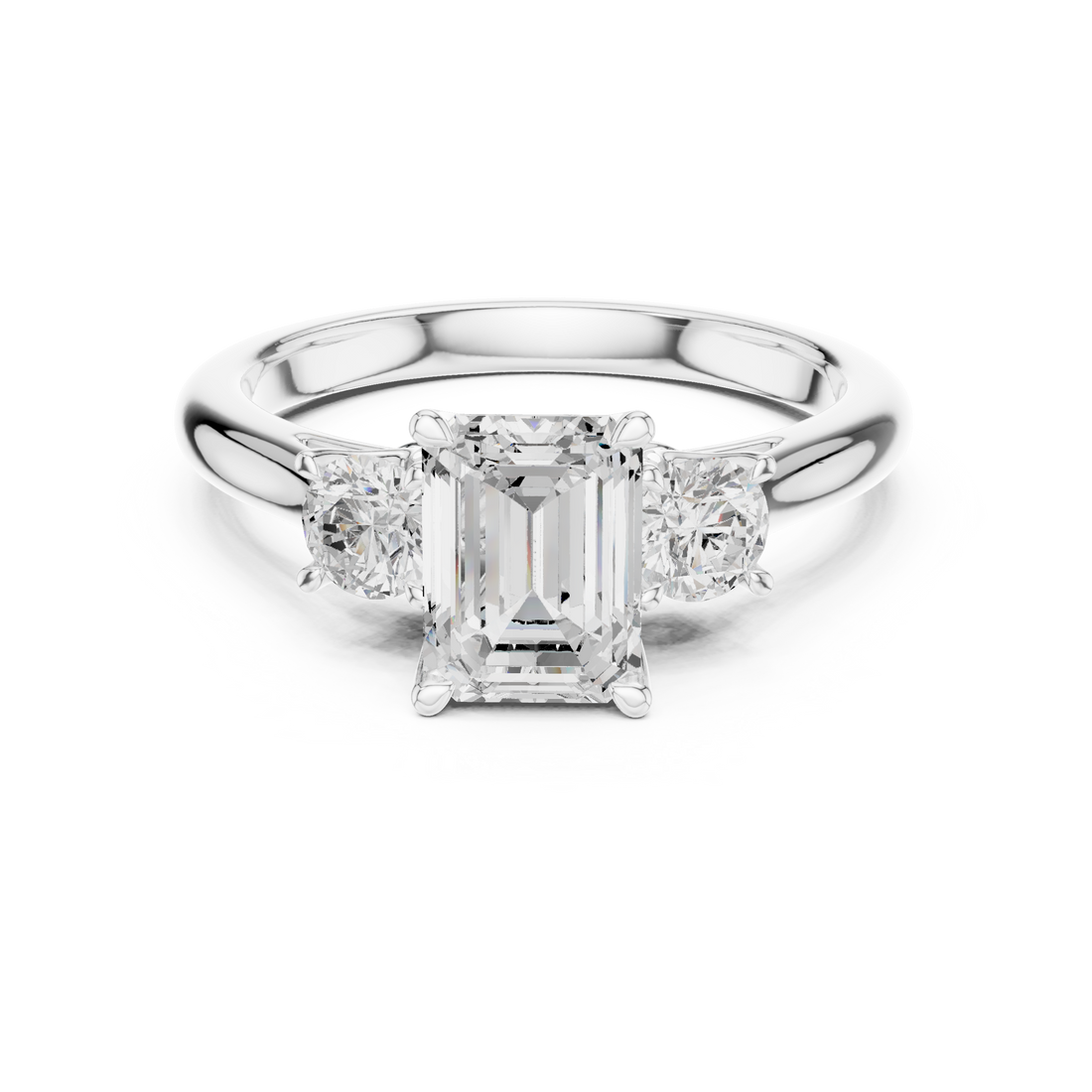 Premium Three Stone Diamond Ring with Emerald Cut Center and Brilliant Round Sides – Elegant Rose Gold Ring