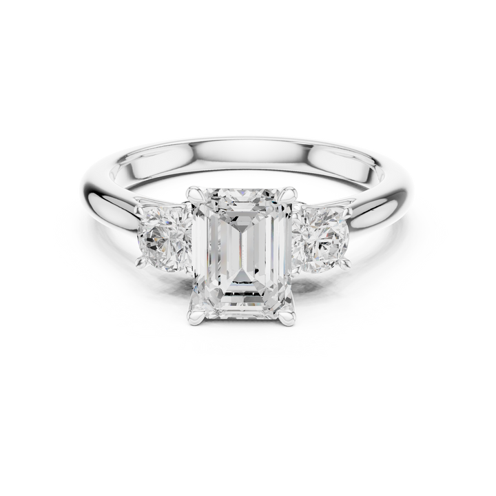 Premium Three Stone Diamond Ring with Emerald Cut Center and Brilliant Round Sides – Elegant Rose Gold Ring