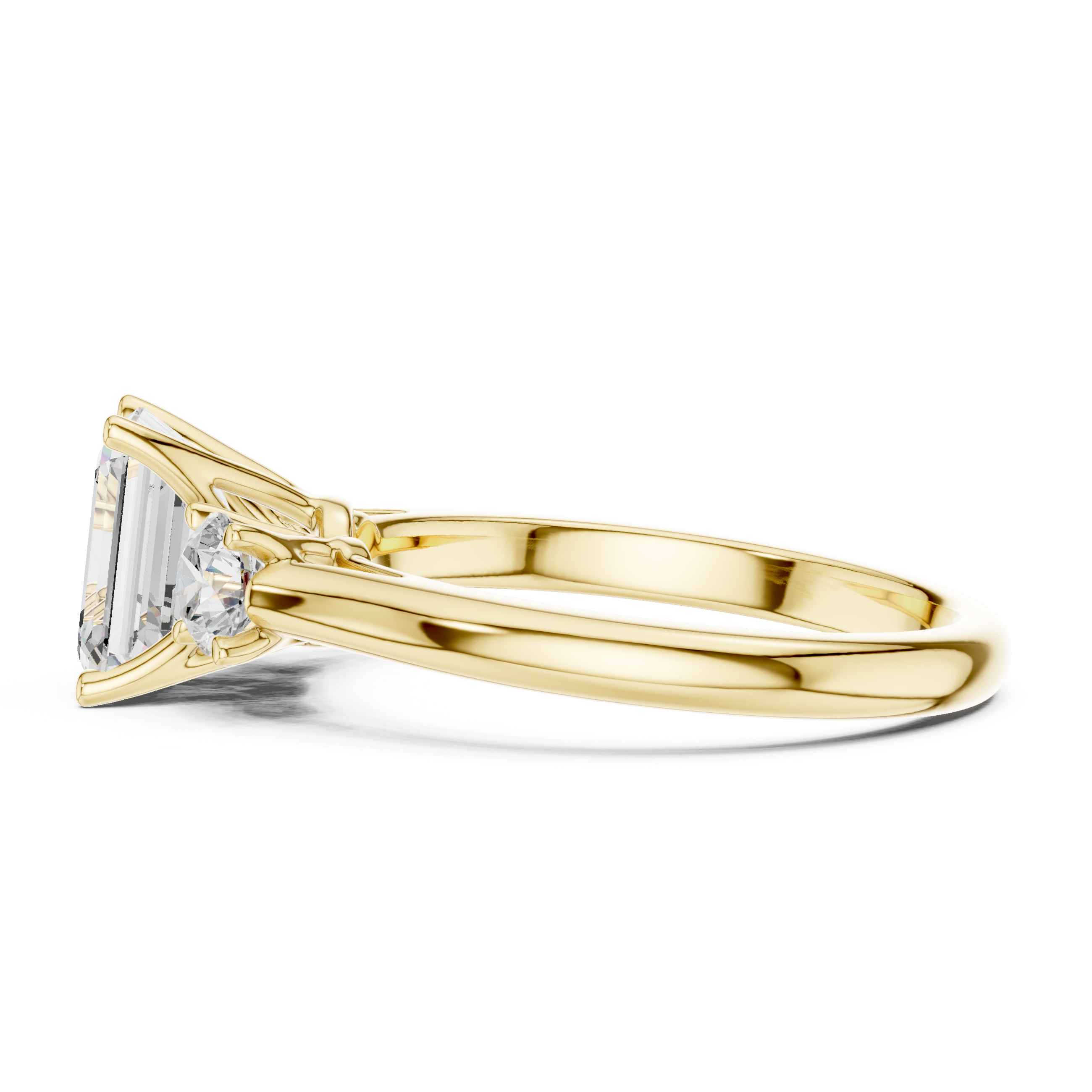 Premium Three Stone Diamond Ring with Emerald Cut Center and Brilliant Round Sides – Elegant Rose Gold Ring