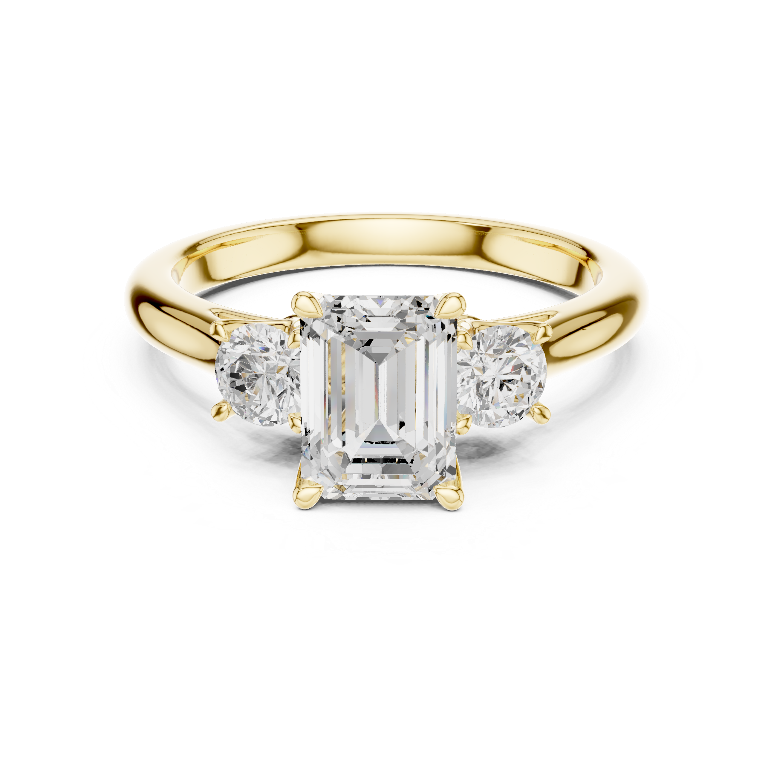 Premium Three Stone Diamond Ring with Emerald Cut Center and Brilliant Round Sides – Elegant Rose Gold Ring