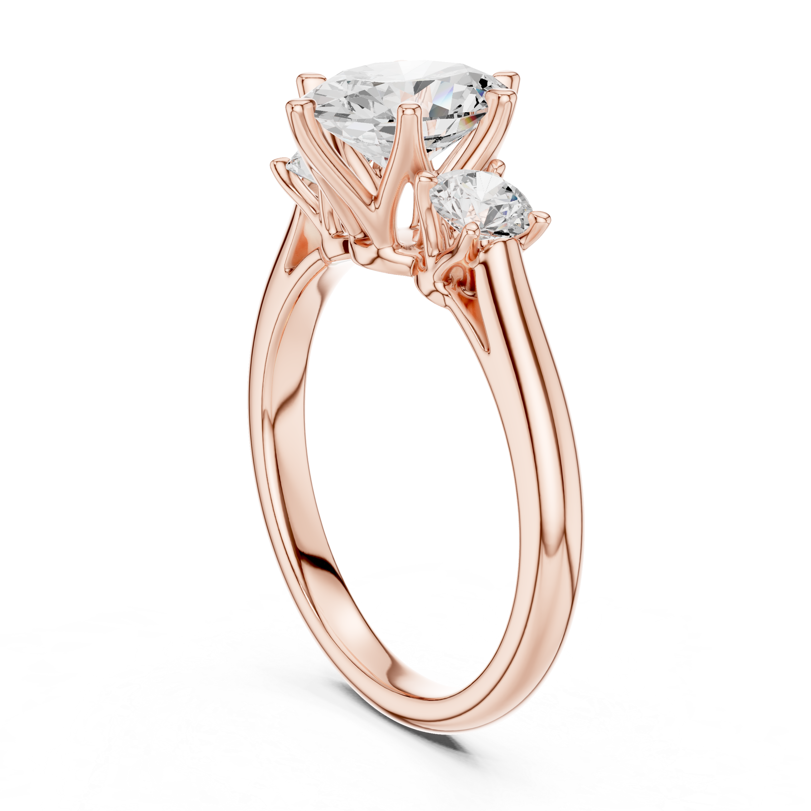 Modern Classic Oval Cut Diamond Ring with Two Round Side Stones | Refined Rose Gold Engagement Ring