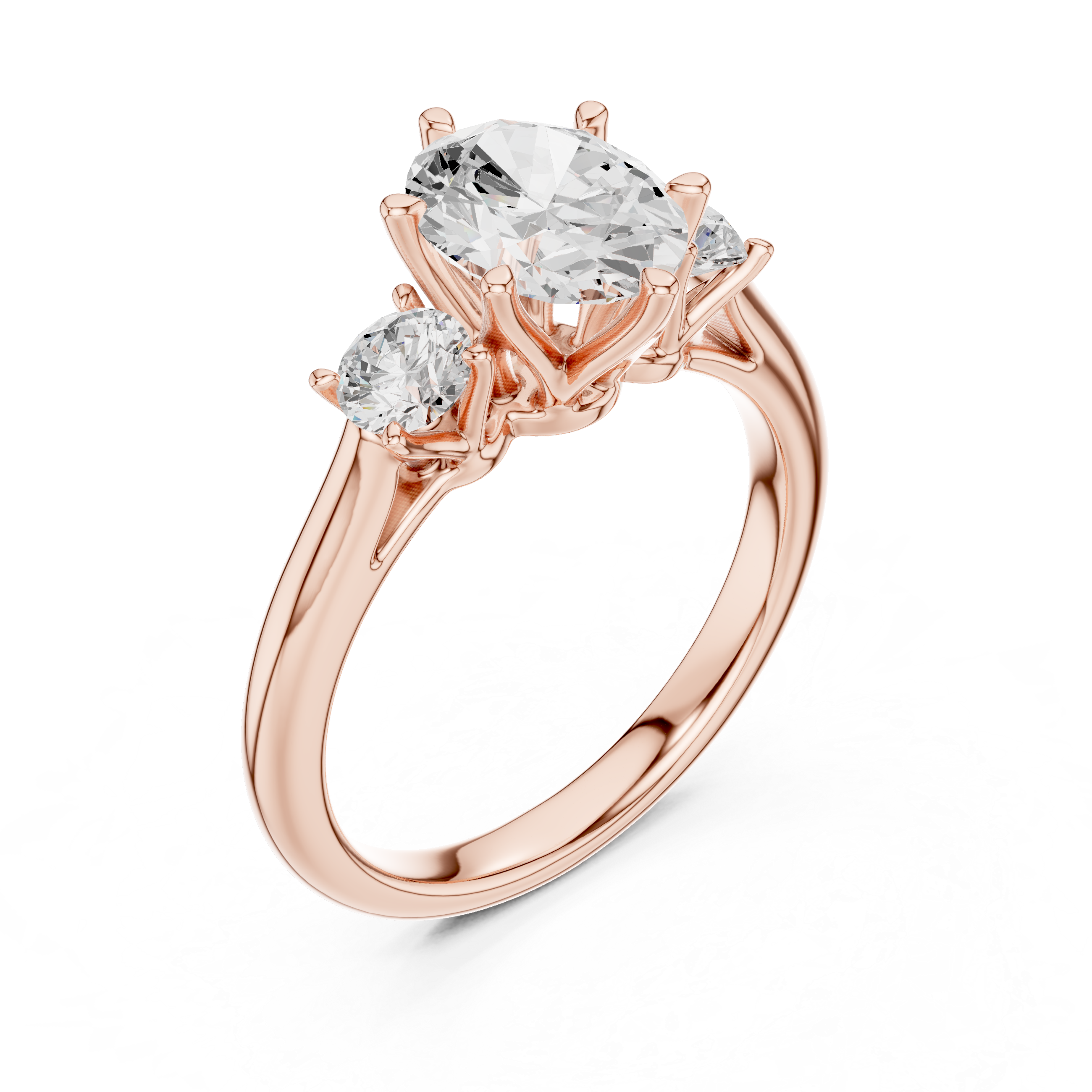 Modern Classic Oval Cut Diamond Ring with Two Round Side Stones | Refined Rose Gold Engagement Ring