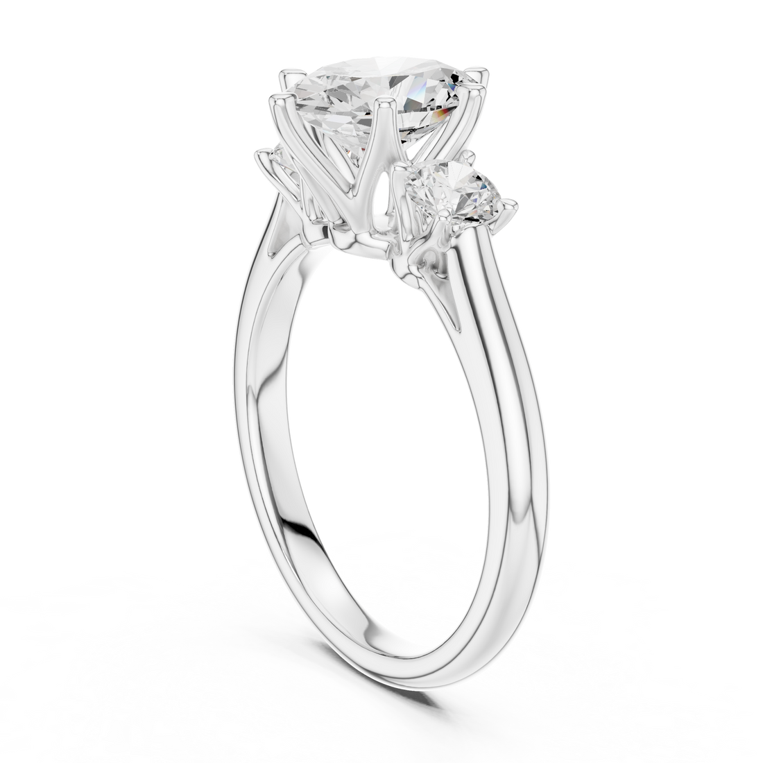 Modern Classic Oval Cut Diamond Ring with Two Round Side Stones | Refined Rose Gold Engagement Ring