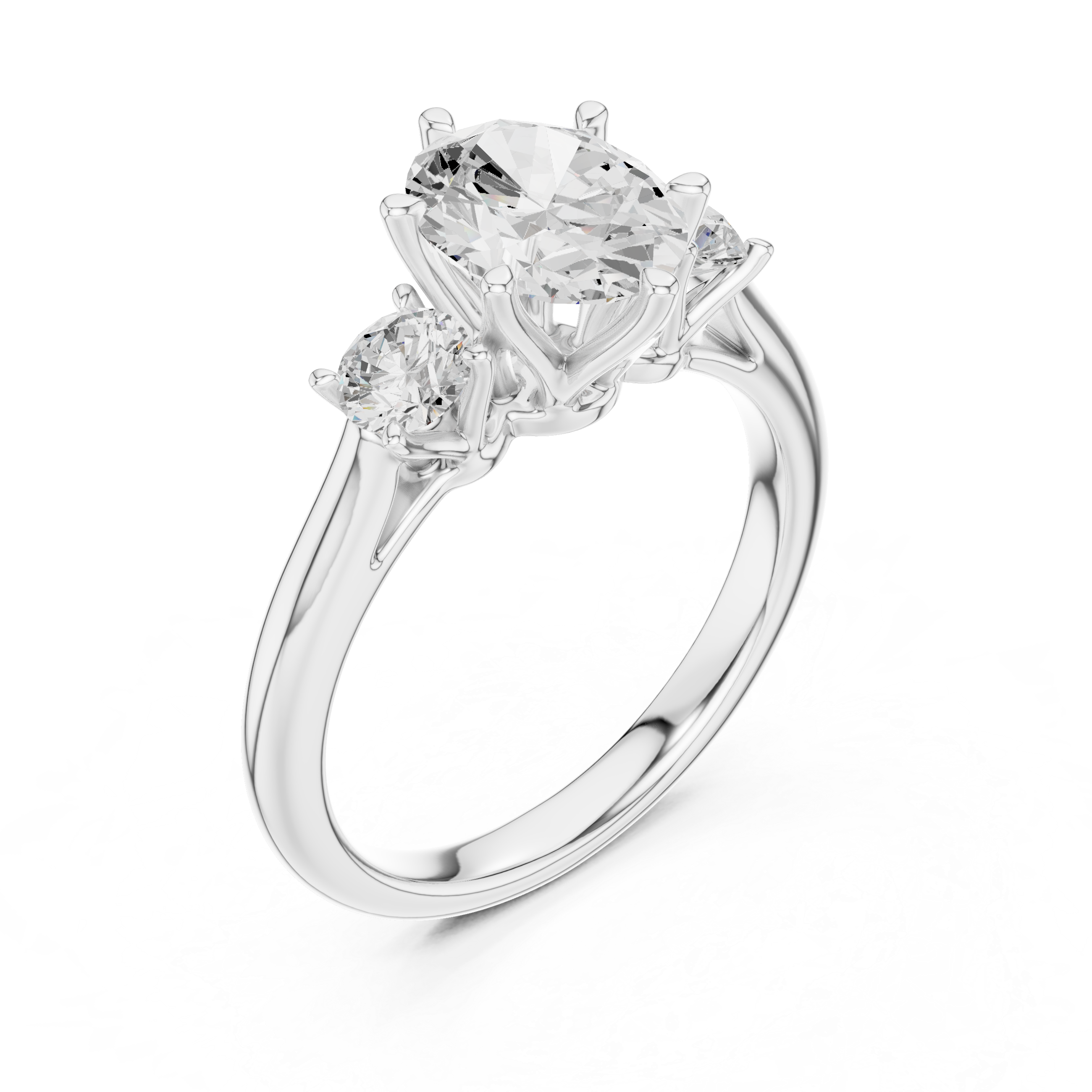 Modern Classic Oval Cut Diamond Ring with Two Round Side Stones | Refined Rose Gold Engagement Ring