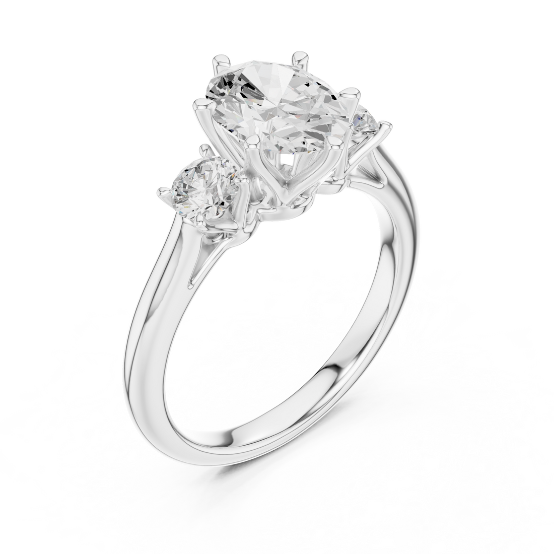 Modern Classic Oval Cut Diamond Ring with Two Round Side Stones | Refined Rose Gold Engagement Ring