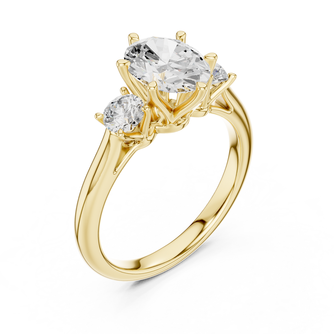 Modern Classic Oval Cut Diamond Ring with Two Round Side Stones | Refined Rose Gold Engagement Ring