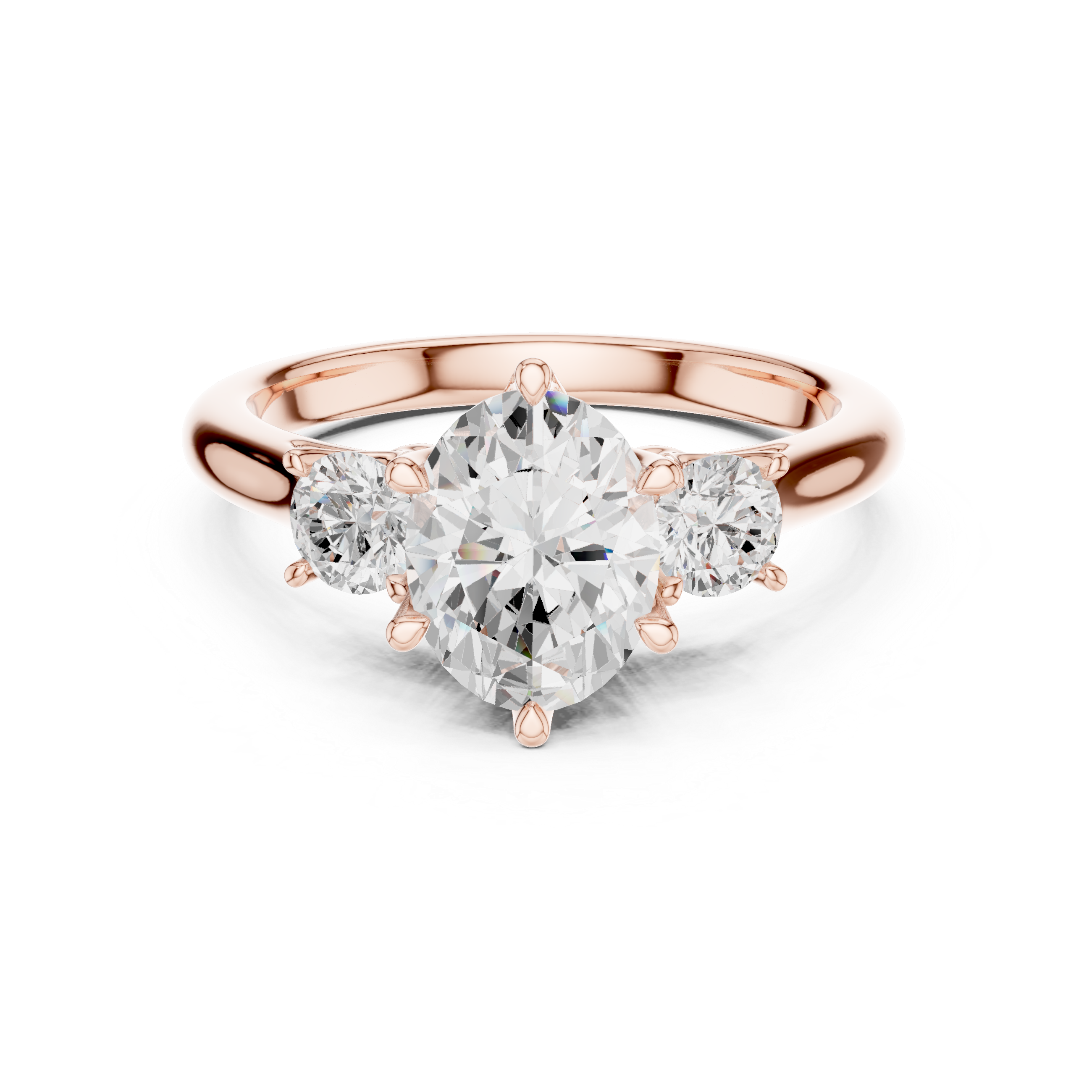 Modern Classic Oval Cut Diamond Ring with Two Round Side Stones | Refined Rose Gold Engagement Ring