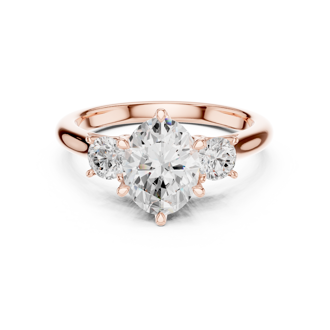 Modern Classic Oval Cut Diamond Ring with Two Round Side Stones | Refined Rose Gold Engagement Ring