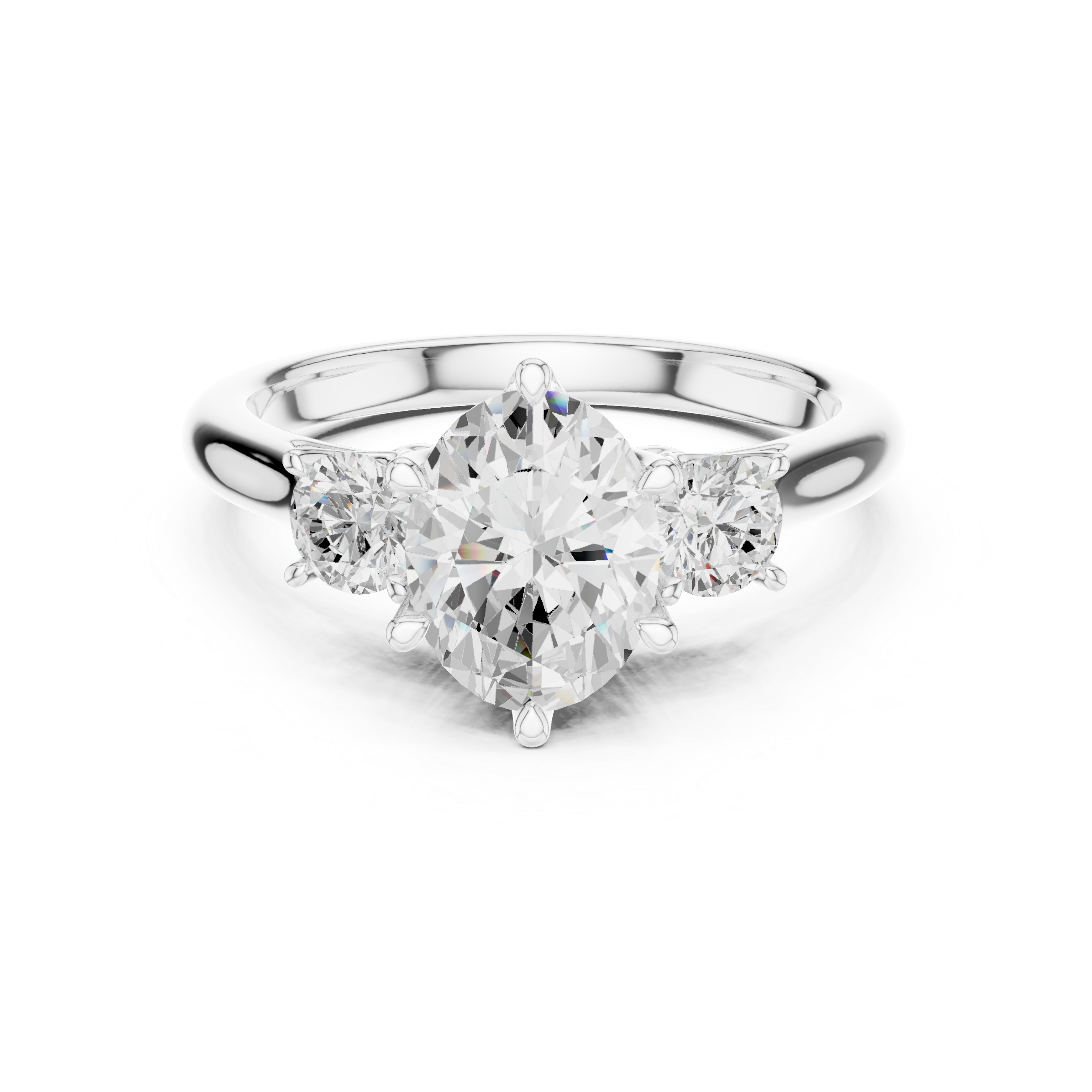 Modern Classic Oval Cut Diamond Ring with Two Round Side Stones | Refined Rose Gold Engagement Ring
