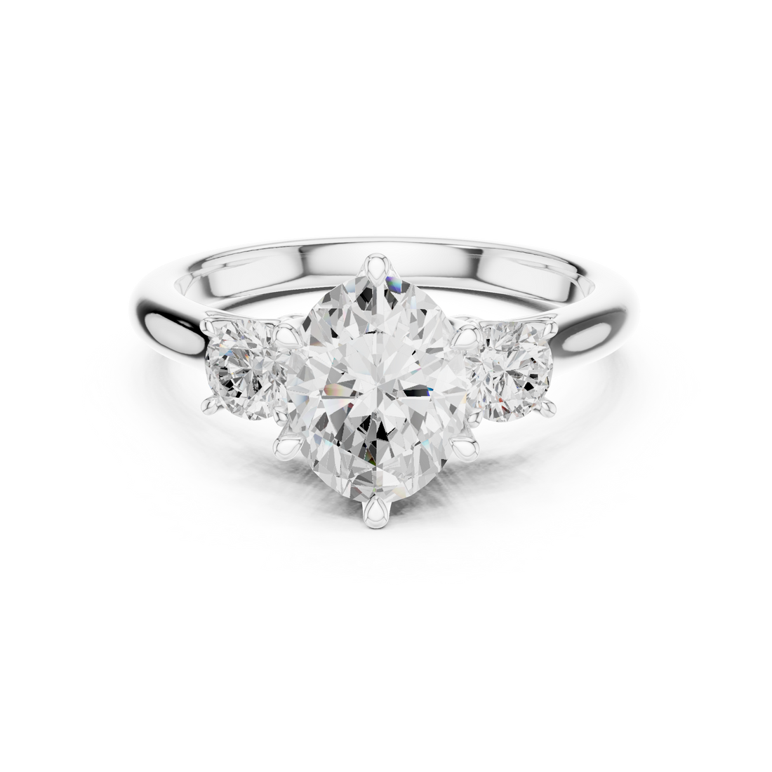 Modern Classic Oval Cut Diamond Ring with Two Round Side Stones | Refined Rose Gold Engagement Ring