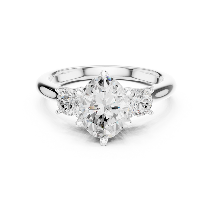 Modern Classic Oval Cut Diamond Ring with Two Round Side Stones | Refined Rose Gold Engagement Ring