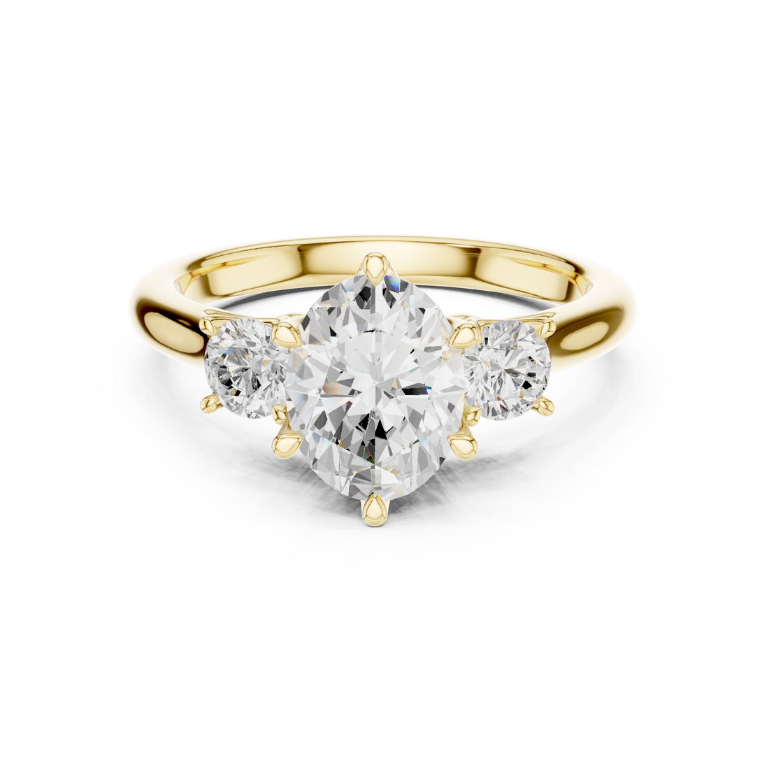Modern Classic Oval Cut Diamond Ring with Two Round Side Stones | Refined Rose Gold Engagement Ring
