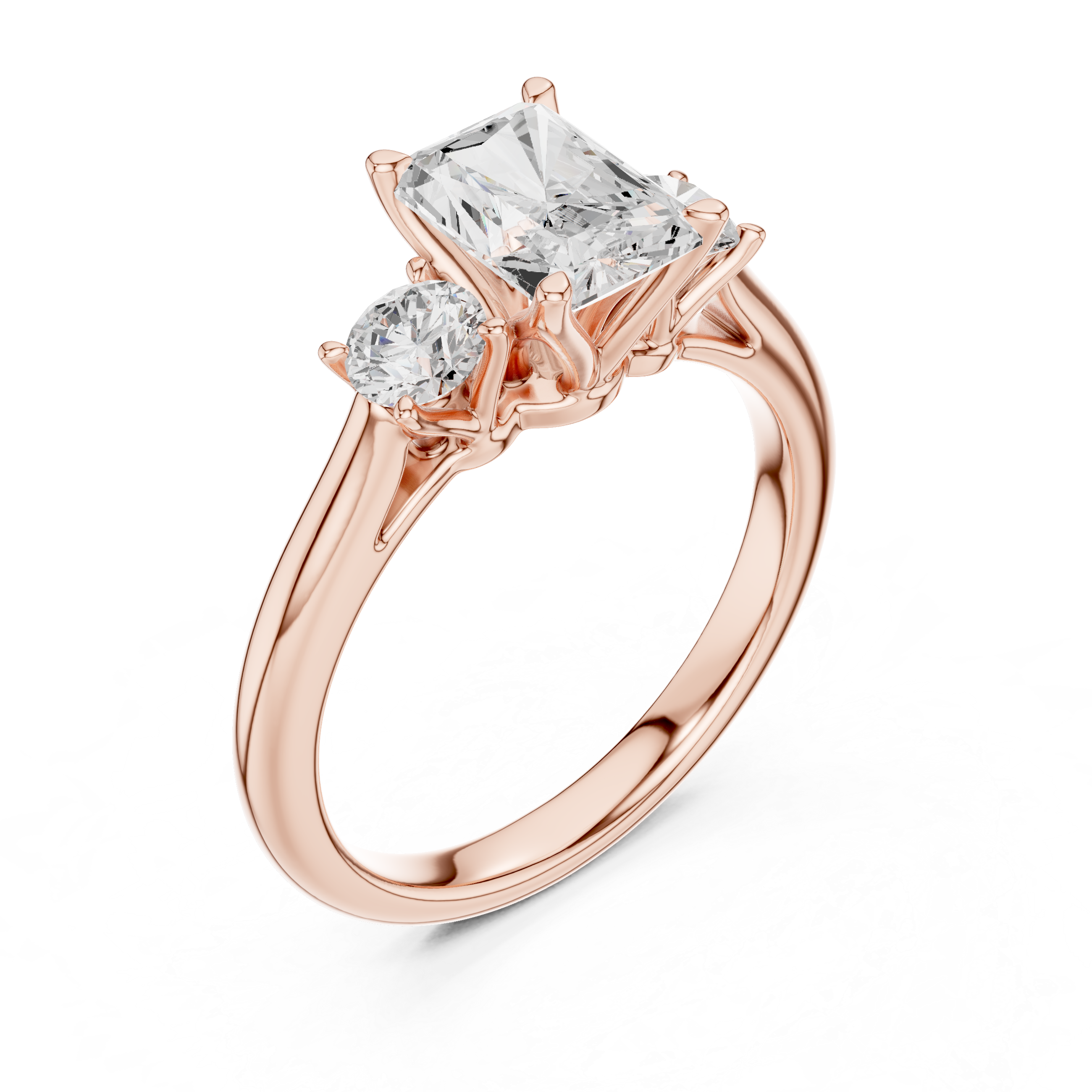 Luxury Radiant Cut Diamond Ring with Round Side Stones – Timeless Three Stone Engagement Ring