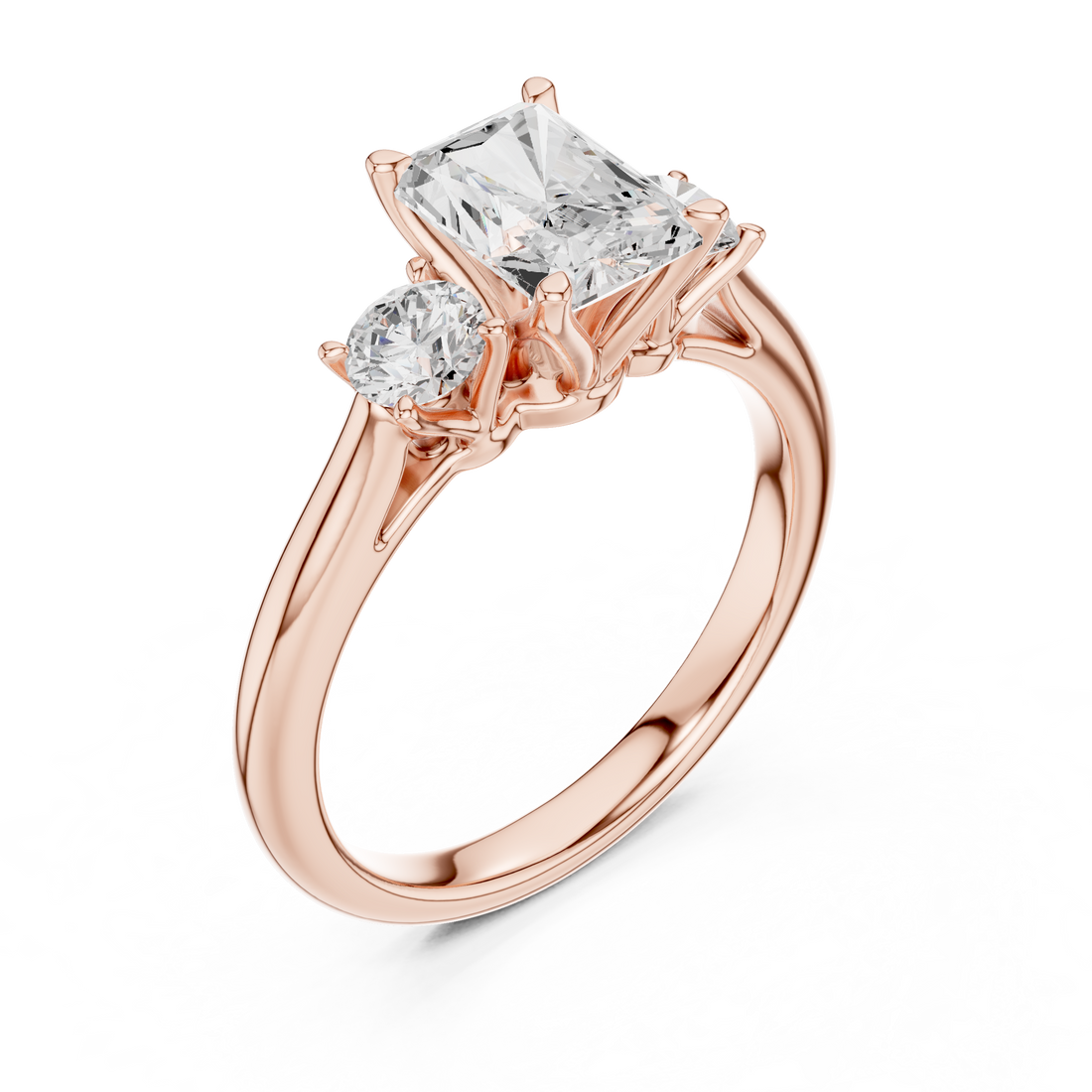 Luxury Radiant Cut Diamond Ring with Round Side Stones – Timeless Three Stone Engagement Ring