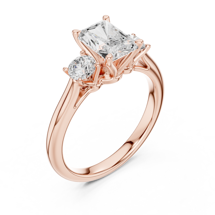Luxury Radiant Cut Diamond Ring with Round Side Stones – Timeless Three Stone Engagement Ring