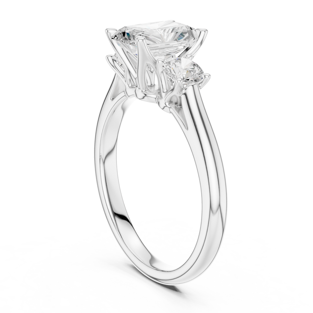 Luxury Radiant Cut Diamond Ring with Round Side Stones – Timeless Three Stone Engagement Ring