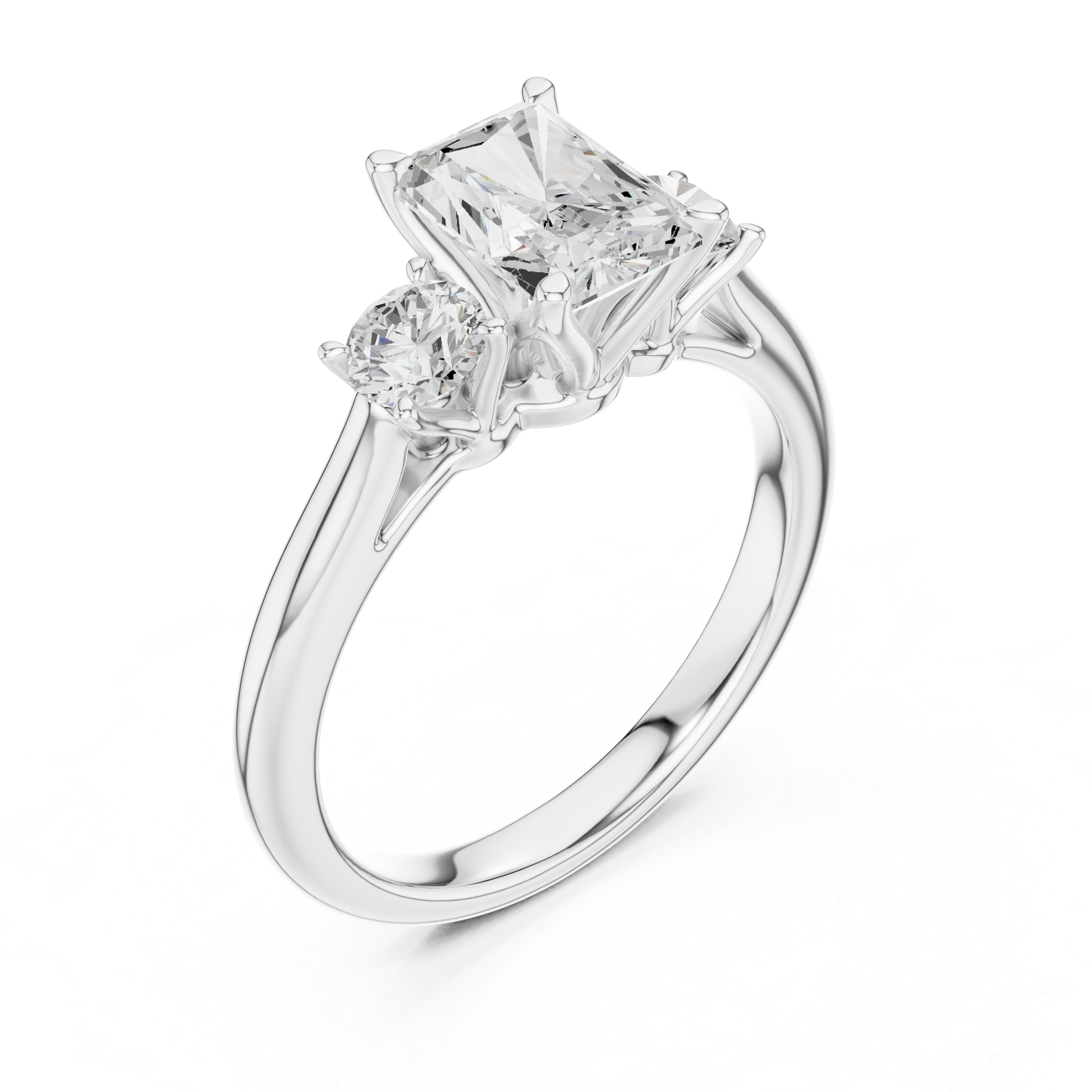 Luxury Radiant Cut Diamond Ring with Round Side Stones – Timeless Three Stone Engagement Ring